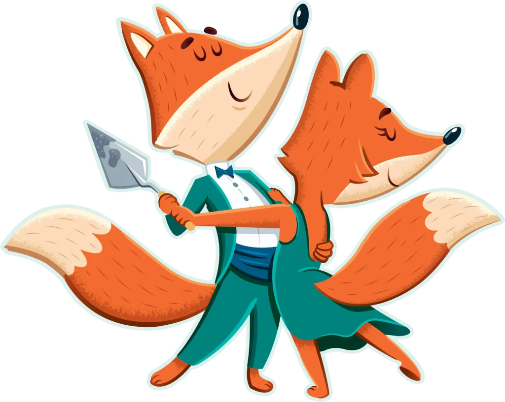 Two cartoon foxes dancing a foxtrot; one in a tuxedo holds a concrete trowel.