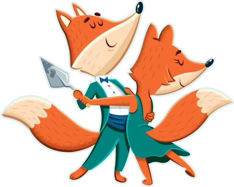 Two cartoon foxes dancing a foxtrot; one in a tuxedo holds a concrete trowel.